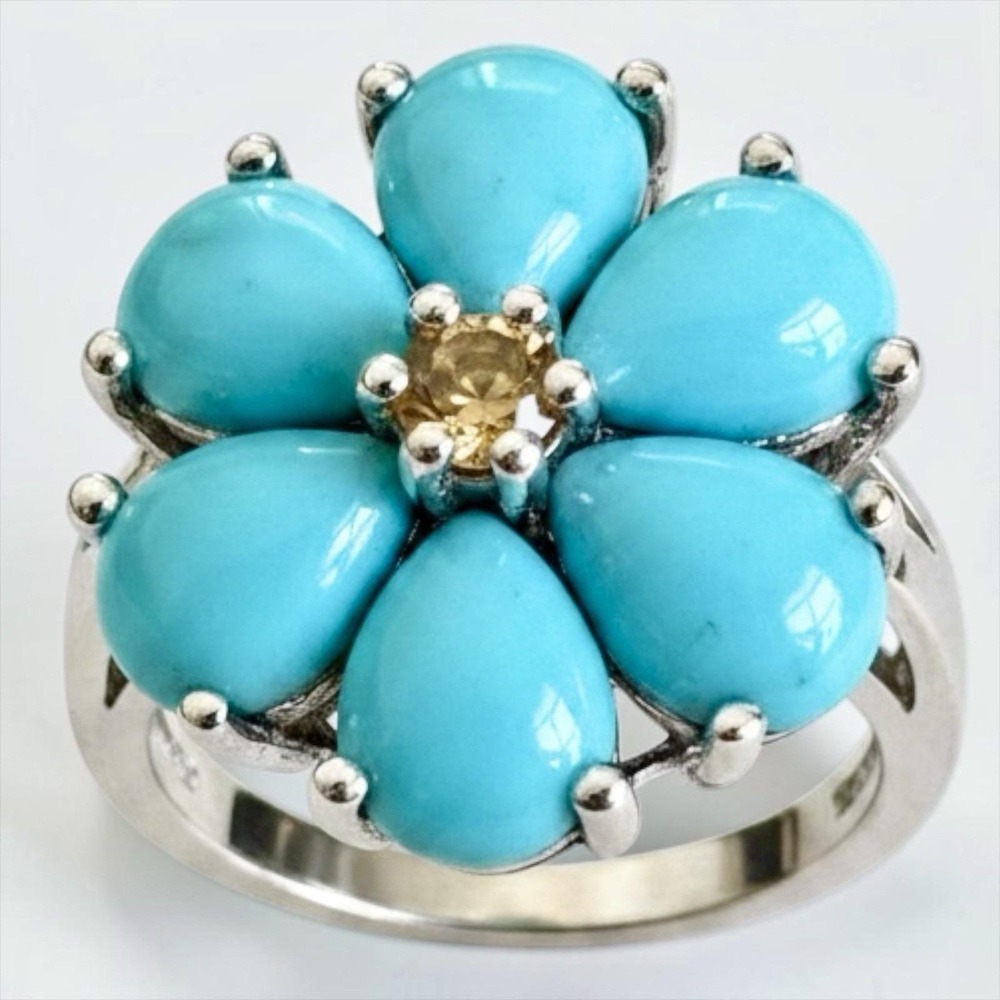 Sterling Silver Turquoise Flower Cluster Ring Citrine Center Stone Sz 6
